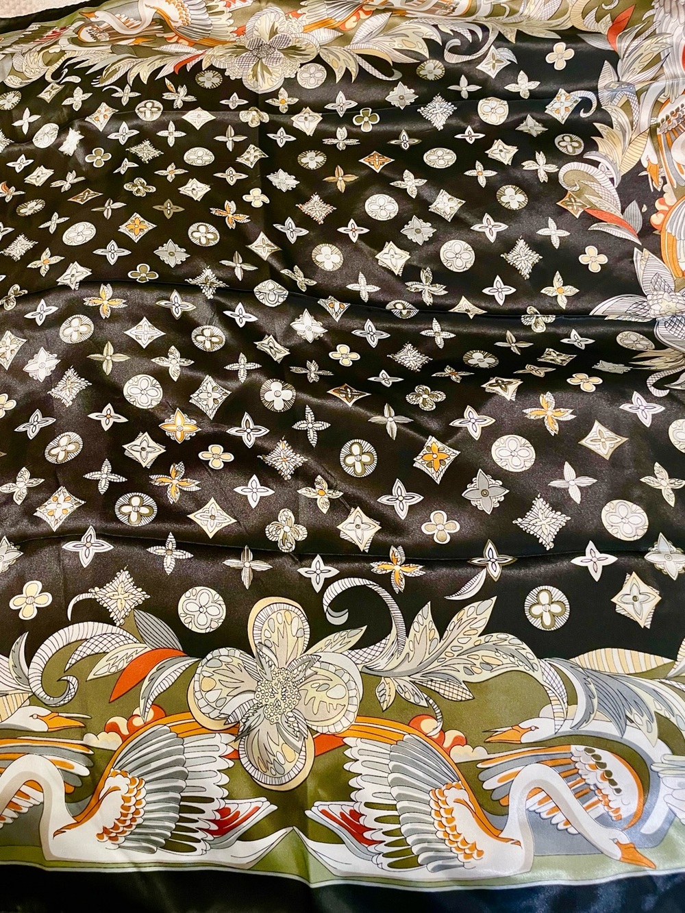 Elegant Olive & Black Satin Square Scarf - Luxe Printed Wrap - Picture 3 of 5